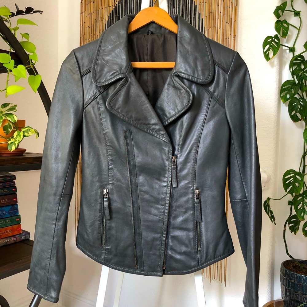 Charcoal Gray Tailored Vegan Leather Jacket